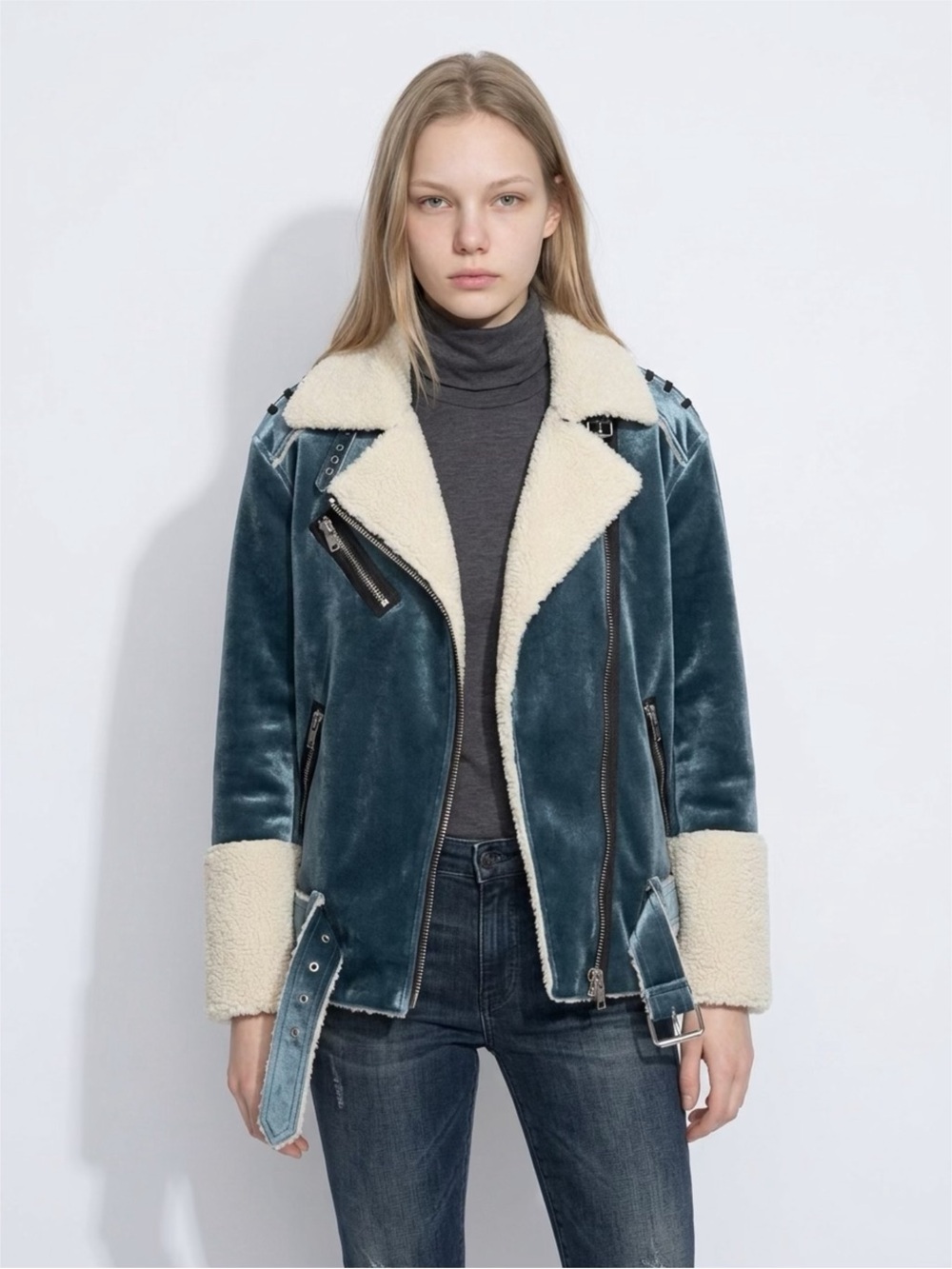 Blank NYC Teal Velvet Shearling Biker Jacket with Off-White Lining